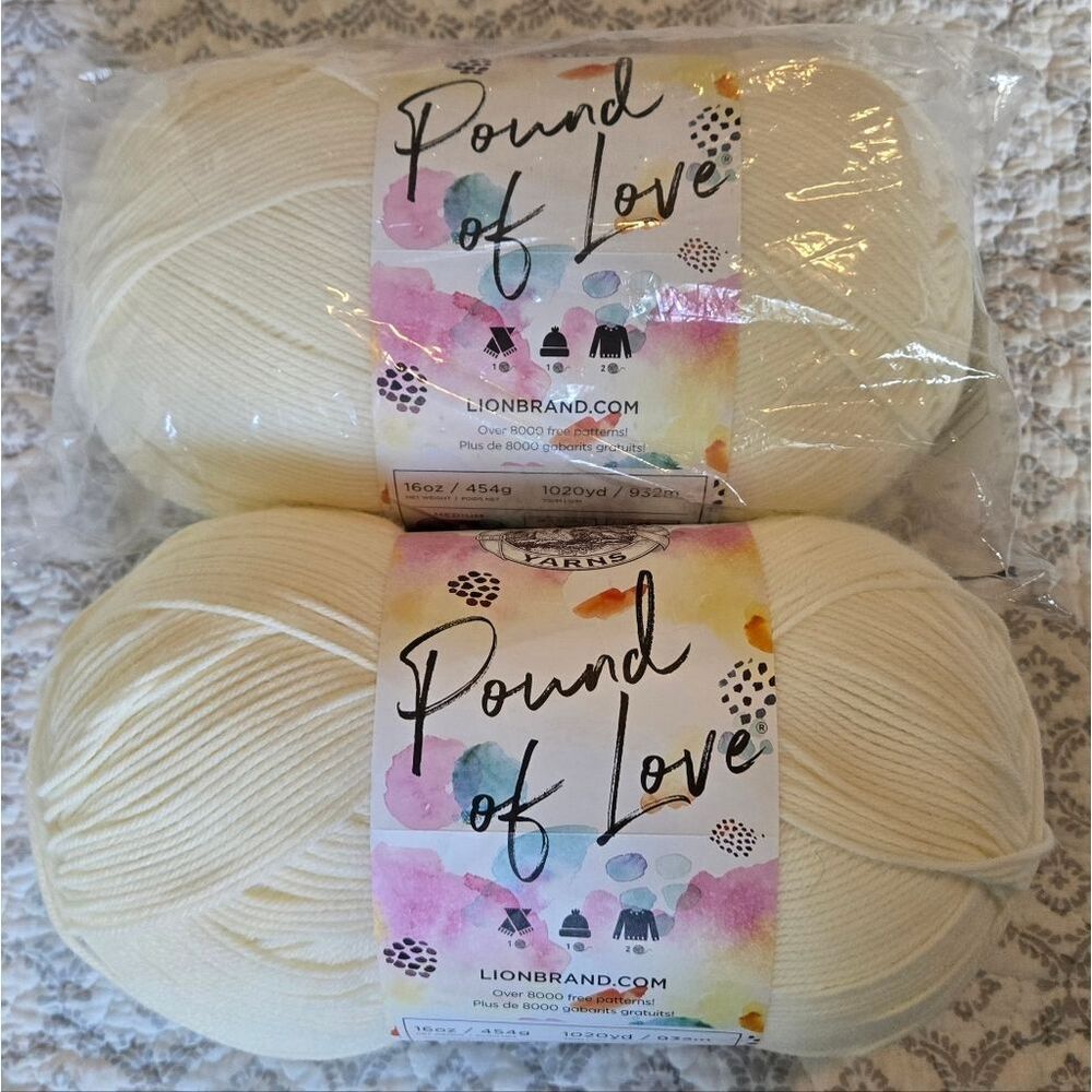 Lion Brand "Pound of Love" Yarn Color: Antique White - 2 Skeins, Total 2,040 Yds